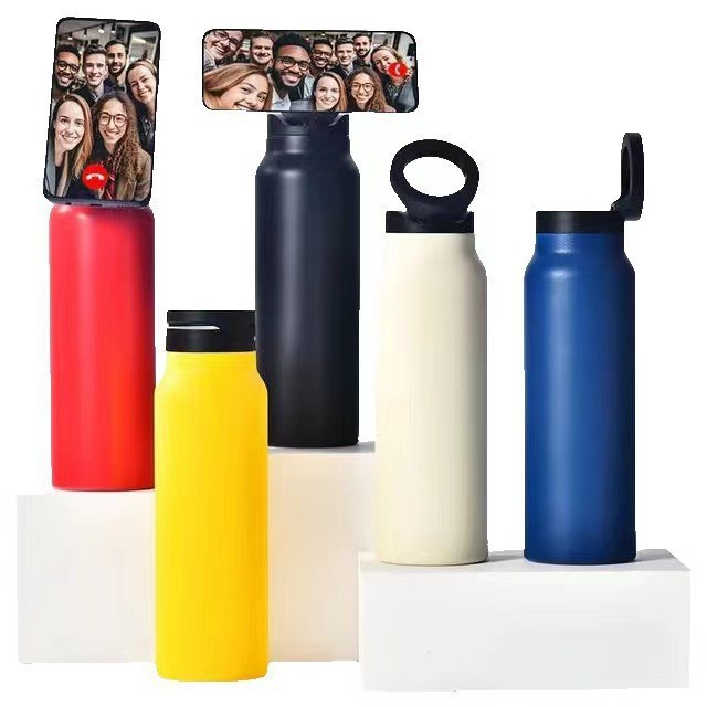 Insulated Water Bottle with Magnetic Phone Holder Lid With Straw
